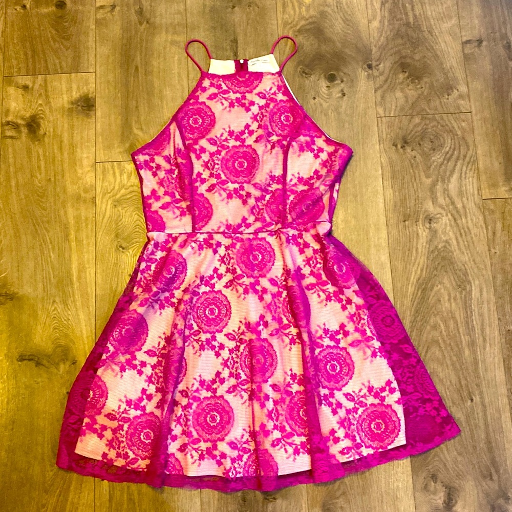 Charlotte Russe cream dress with fushia lace overlay